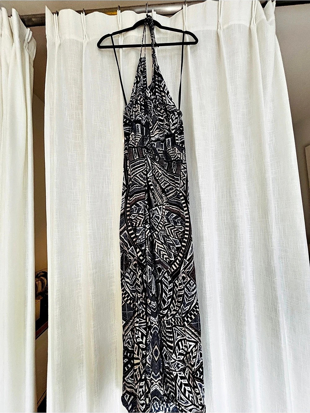 BCBG MAX AZRIA Women's Geometric Maxi Dress in black, brown, blue, white- multic